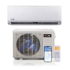 ACiQ ductless mini‑split air conditioner and heat pump system showing the indoor wall‑mounted unit, outdoor condenser, smartphone WiFi app control, and remote thermostat controller.
